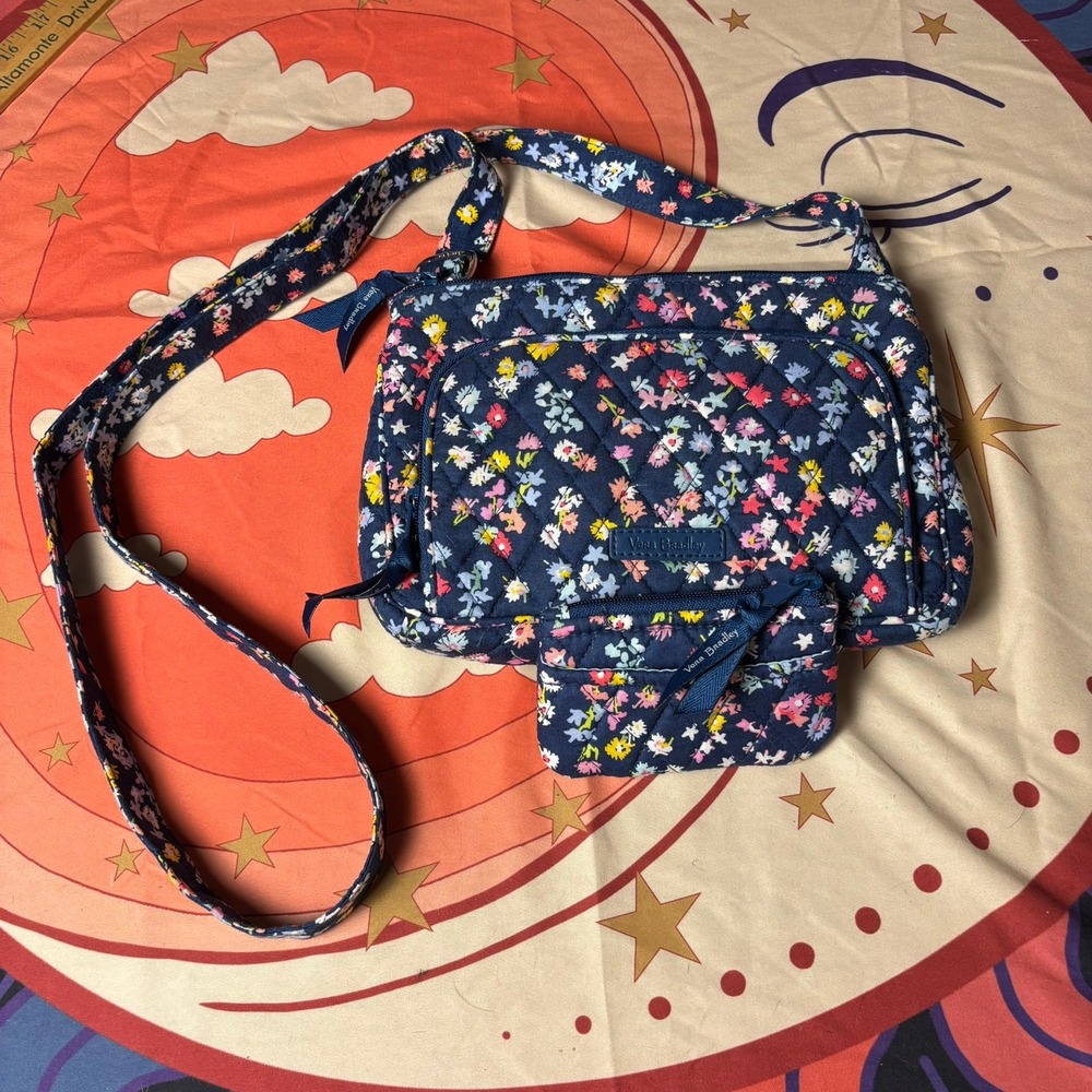Vera Bradley Navy Floral Quilted Cotton Crossbody Bag and Coin Purse Set Travel